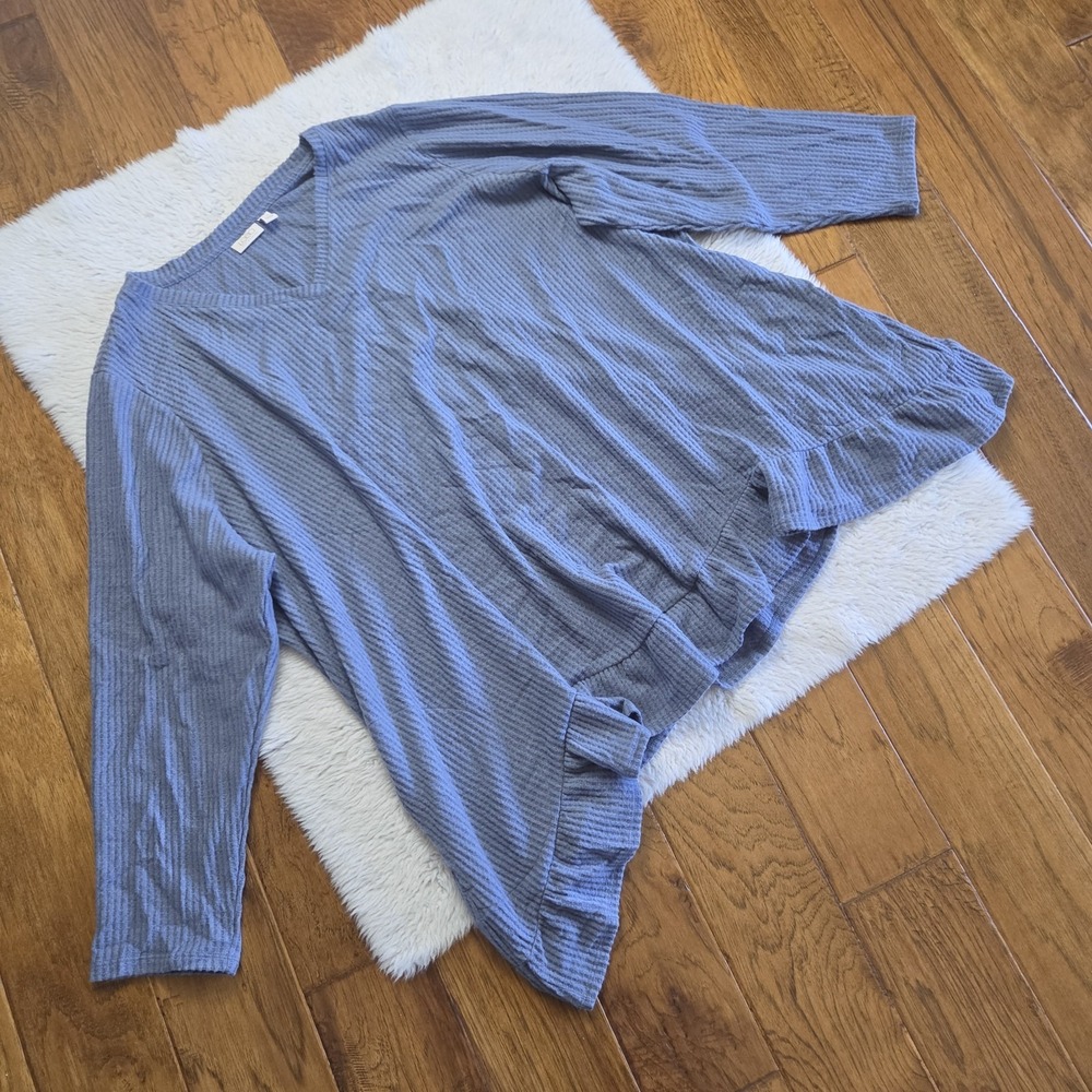 LOGO Lori Goldstein Blouse Shirt Women's Plus 5X Blue Waffle Knit Pockets Ruffle